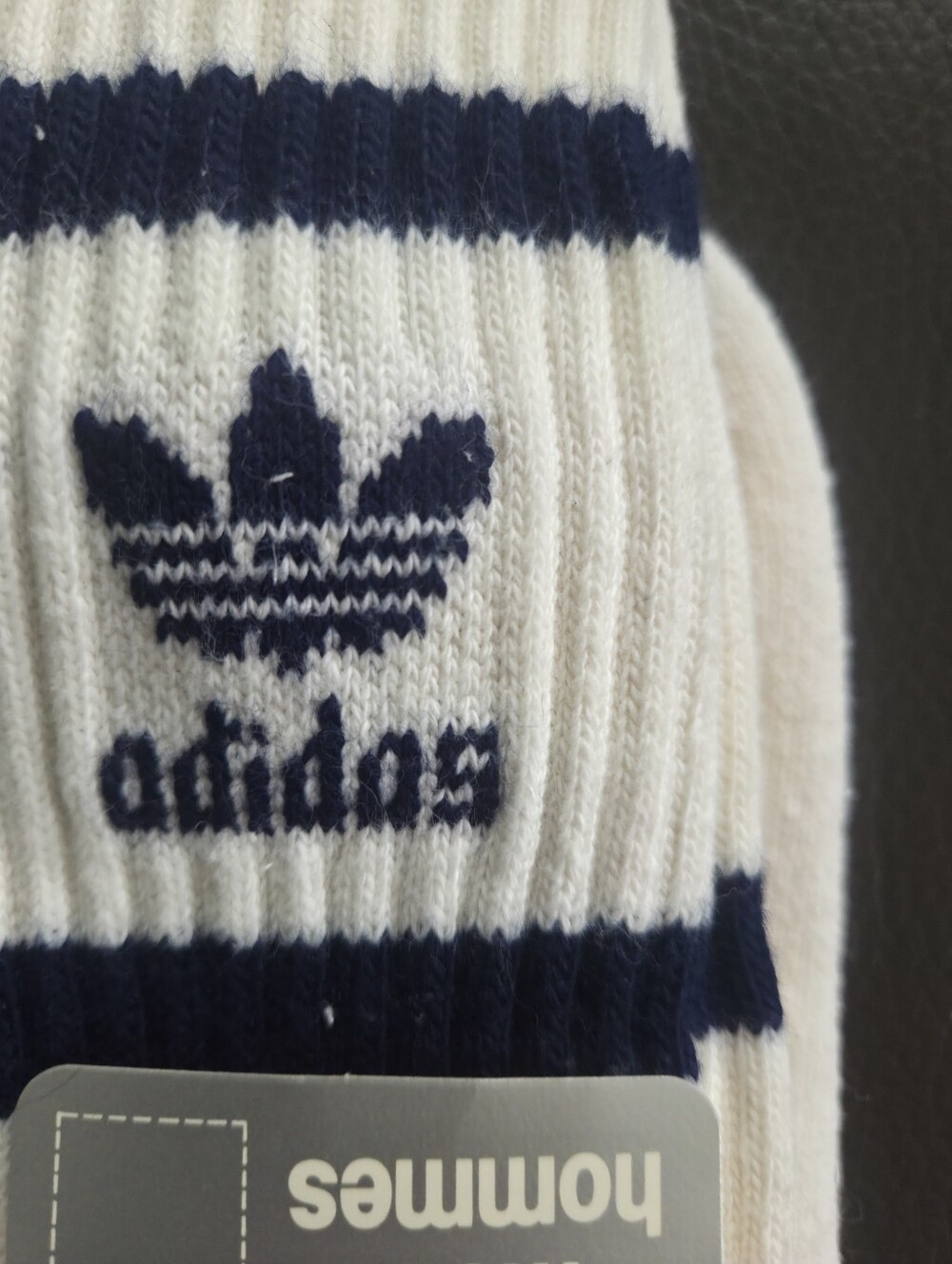 Vintage Adidas Mens White and Navy Ribbed Crew Socks with Trefoil
